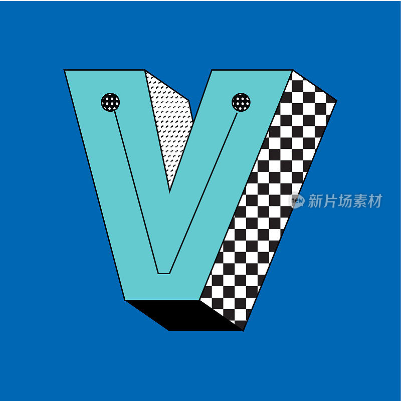 复古90年代的Y2K 3D字体设计大写字母V在方形块的颜色